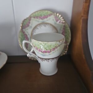 Vintage Floral Porcelain Tea Cup and Saucer - Green and Pink